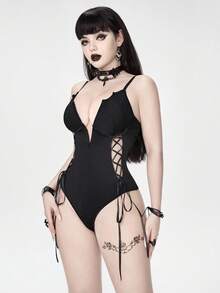ROMWE Gothic Bat Hollow Out Lace-Up Bow Sexy Jumpsuit For Women - Black - View 4