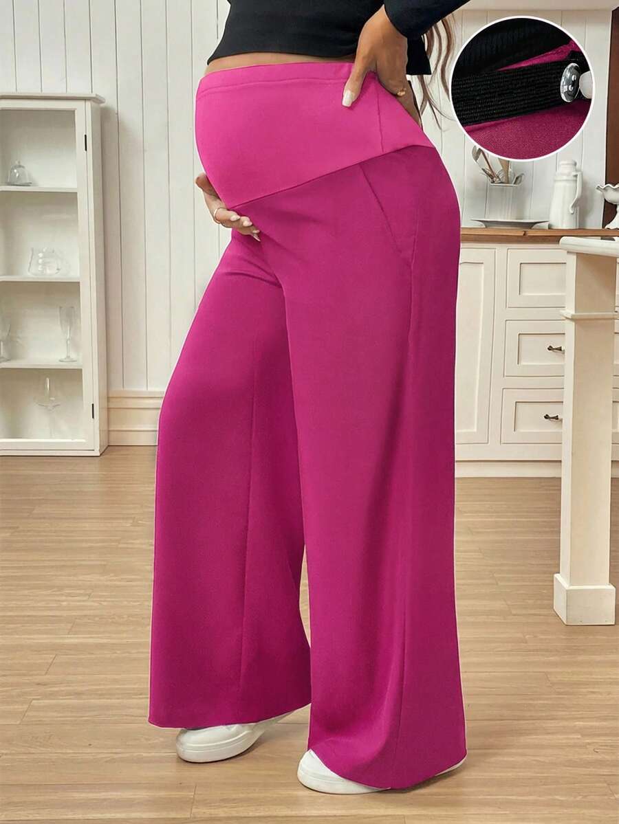 SHEIN Maternity Casual Solid Color Wide Leg Pants - Hot Pink - View 1