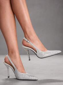 CUCCOO SZL 女士时尚水钻镂空细高跟鞋，适合通勤、约会、派对、度假及其他圣诞节场合 - 銀色 - 查看 5