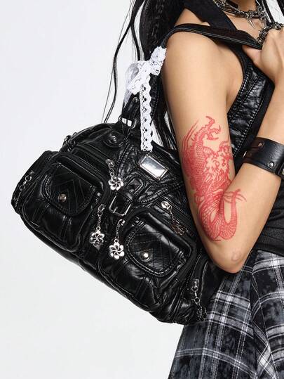 Grunge Punk Modische einfarbige PU-Leder Bucket Schultertasche für den Arbeitsweg