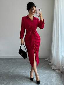 SHEIN Clasi Đầm sơ mi thường ngày tay dài xếp ly màu trơn cho nữ, mùa thu - Đỏ - Xem 3