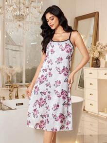 SHEIN 女士优雅提花花卉吊带睡裙 - 白色 - 查看 5