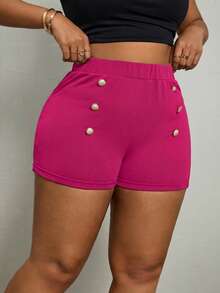 SHEIN PETITE CURVE Plus Size Summer Fashion Button Decor Elastic Waist Shorts - Hot Pink - View 4