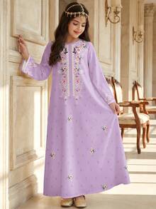 Áo Jalabiya trẻ em màu tím họa tiết hoa, thanh lịch, cổ điển, thêu hoa, kiểu dáng truyền thống tối giản, tay dài, phù hợp cho bé gái tuổi teen vào mùa xuân/hè, váy tay dài kín đáo, áo Abaya cầu nguyện, thoải mái dễ chịu, trang phục thường ngày, phong cách nghỉ dưỡng, áo Kaftan kín đáo, áo Jalabiya trẻ em, áo Jalabiya cho bé gái tuổi teen - trắng - Xem 1