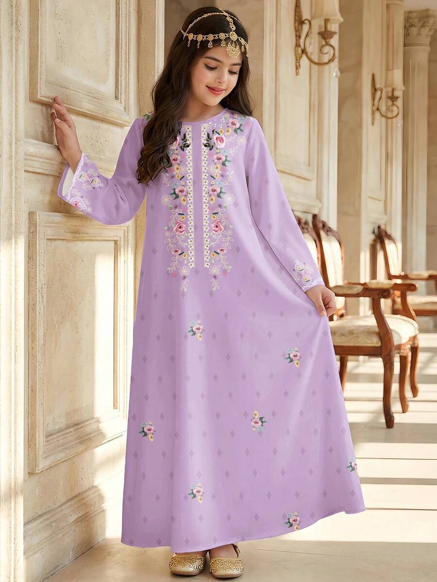 Áo Jalabiya trẻ em màu tím họa tiết hoa, thanh lịch, cổ điển, thêu hoa, kiểu dáng truyền thống tối giản, tay dài, phù hợp cho bé gái tuổi teen vào mùa xuân/hè, váy tay dài kín đáo, áo Abaya cầu nguyện, thoải mái dễ chịu, trang phục thường ngày, phong cách nghỉ dưỡng, áo Kaftan kín đáo, áo Jalabiya trẻ em, áo Jalabiya cho bé gái tuổi teen - trắng - Xem 1