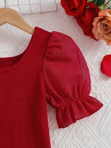 SHEIN Mono de manga abullonada con cuello para niña en unicolor - Rojo - Ver 5