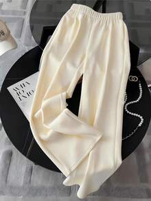 Lyxana 休闲褶皱搭扣装饰阔腿杏色女士运动裤 - 杏色 - 查看 2