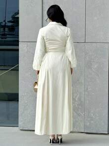 Al Najma Women's Elegant Vacation Style Embroidered Mesh V-Neck Lantern Sleeve Tie Waist Arabic Dress - Apricot - View 2