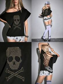 ROMWE Grunge Punk Spring/Summer Y2K Punk Skull Rivet Design Laser Cut Loose Fit Solid Color Versatile T-Shirt - Black - View 1