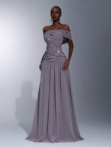 Elitara Elegant Gray-Purple High Stretch Mesh Off Shoulder Waist Slimming Ruched Handmade Beaded Rhinestone A-Line Dress, Suitable For Dates, Vacations, Singles Parties, Weddings, Formal Galas - Dusty Purple - View 7