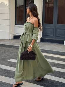 Breezaya 女士两件套露肩灯笼袖收腰A字宽松休闲度假套装，适合春夏穿着 - 軍綠色 - 查看 8