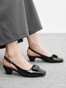 CUCCOO BIZCHIC Black Square Toe Backless Mid-Heel Buckle Strap Women Shoes - Black - View 1