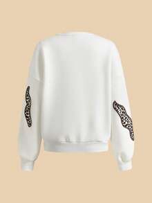 Anewsta Women's Modern Street Style Energetic Leopard Print Beaded Crew Neck Pullover Sweatshirt, Spring - Apricot - View 9