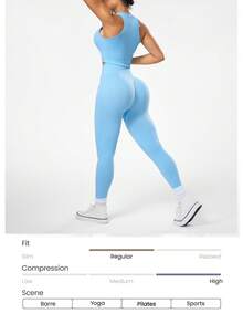 Seamluxe SHEIN Sport Bộ đồ thể thao nữ màu trơn cổ tròn gồm áo tank top và quần legging ngắn tay. - Màu xanh nhạt - Xem 8
