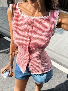 Franclia Woven Plaid Sleeveless Round Neck Tank Top For Women Red Gingham Top Red Checkered Top Women Summer Blouse Summer Casual Tops Red And White Top Gingham Shirt Gingham Sleeveless Top Gingham Lace Trim Top - Red and White - View 2
