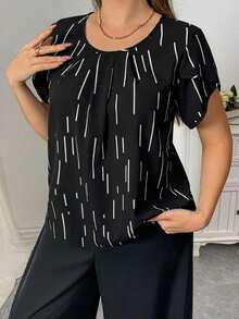 SHEIN Privé 大码女式优雅通勤知性圆领花瓣袖短袖夏季衬衫，几何条纹黑白撞色艺术印花女式宽松短袖上衣，黑白优雅女式衬衫，黑白女式短袖衬衫，商务休闲女式上衣，女式短袖上衣 - 黑色 - 查看 2