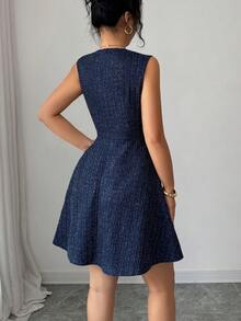 Elenzga 新款女士V领无袖针织迷你连衣裙，采用仿口袋翻盖设计，优雅百搭 - 藏蓝色 - 查看 2