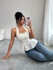 Feyla 女士优雅纯色提花露背吊带上衣，夏季 - 白色 - 查看 3