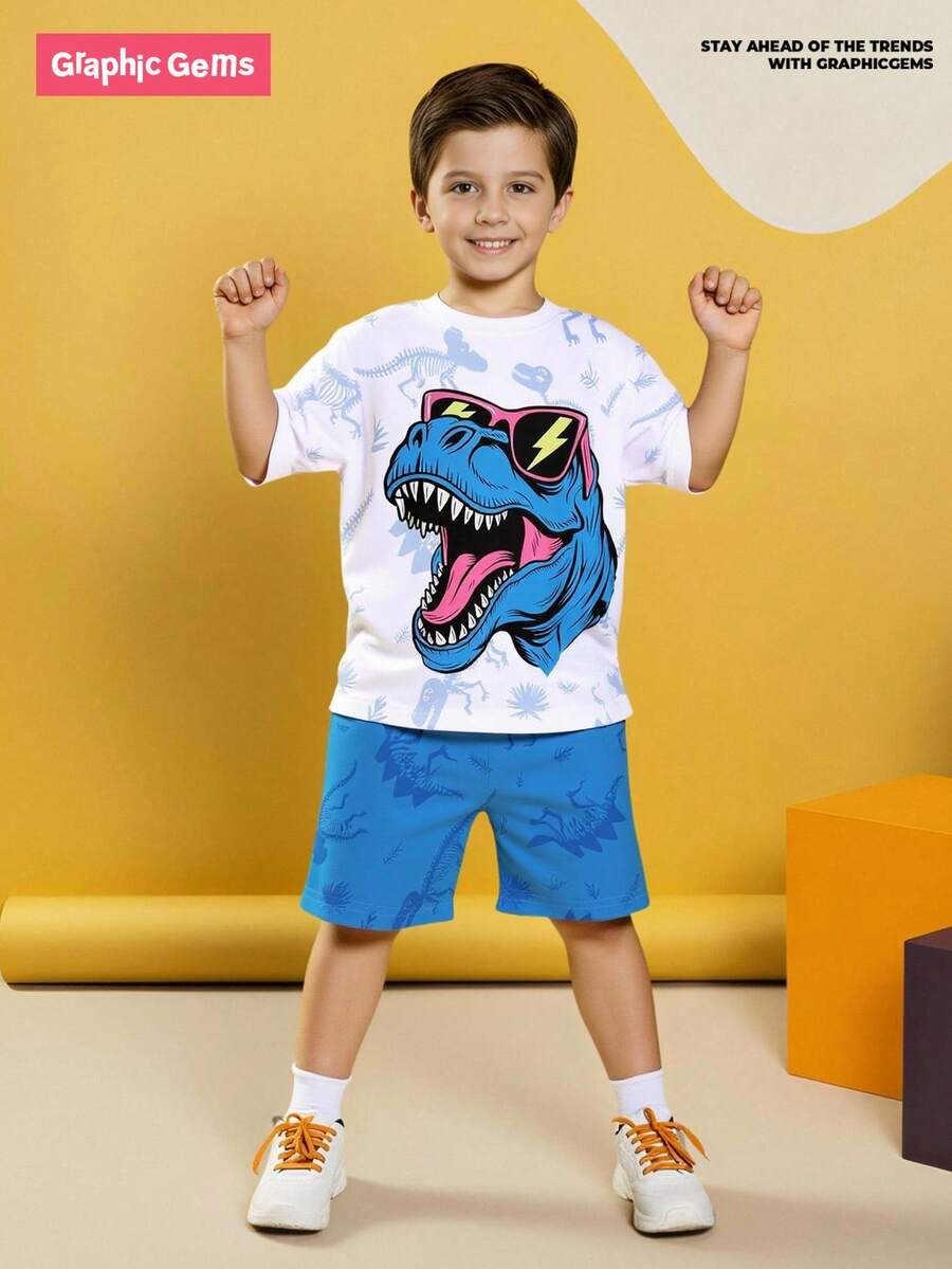 SHEIN GraphicGems 1 Set Young Boys Casual Fashion Funny Cartoon Dinosaur Print Short Sleeve Crew Neck T-Shirt And Shorts Set, Suitable For Outdoor, Sports, School, Spring/Summer, Blue Dinosaur Print Set - Multicolor - View 1