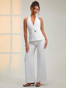 SHEIN Damen Weiße Kreuzknopf Wickel-Weste - Ärmellos, Regular Fit, dekorative Goldknöpfe, elegante Nicht-Stretch Blazer-Stil - Weiss - Übersicht 5