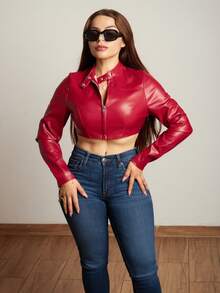 Lupita Cardoza 女士秋冬街头服饰 狂欢嬉皮运动休闲 Y2K 基本款皮革舒适拉链勃艮第红色修身短款长袖夹克 - 紅色 - 查看 6