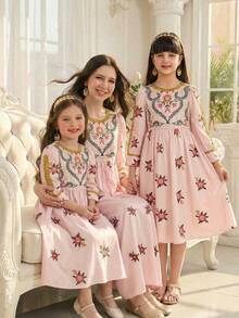 Traditionelles arabisches Kleid für Tween Mädchen, elegantes Retro-Blumenkleid mit Kragen, Blumenstickerei, taillierter Taille, Langarm, ausgestellter Rock - Verschiedenfarbig - Übersicht 1