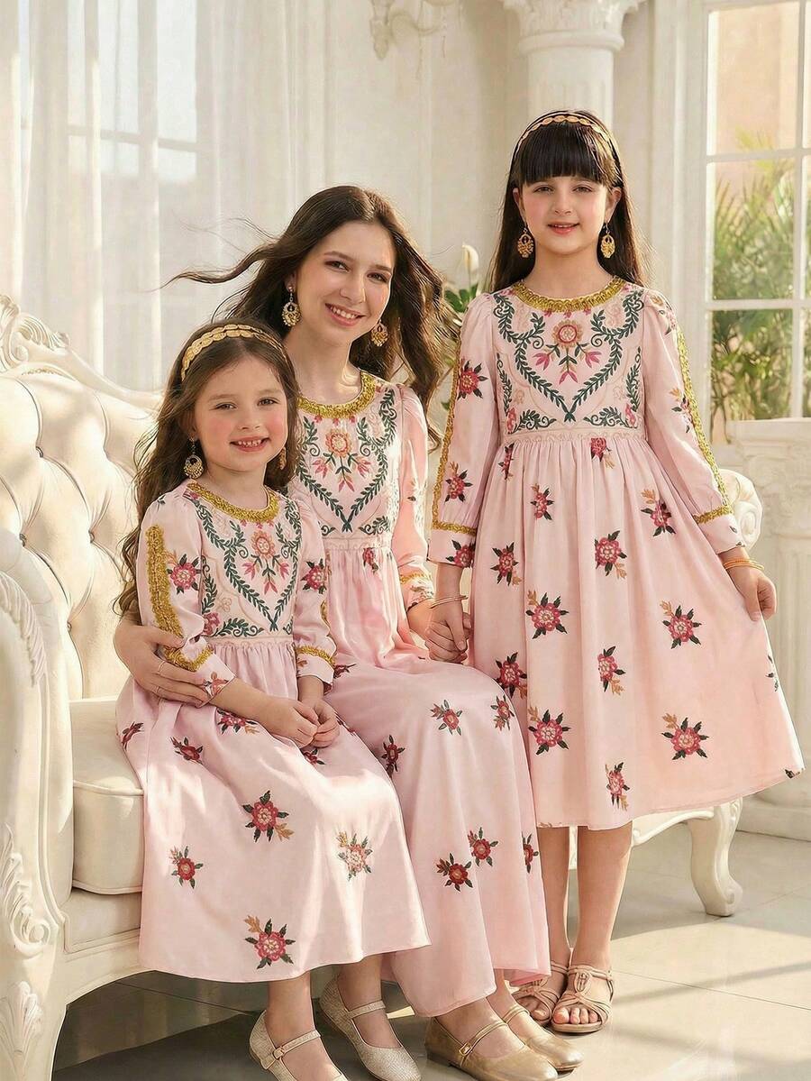 Traditionelles arabisches Kleid für Tween Mädchen, elegantes Retro-Blumenkleid mit Kragen, Blumenstickerei, taillierter Taille, Langarm, ausgestellter Rock - Verschiedenfarbig - Übersicht 1