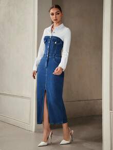 Selenza Women's Fashionable Color Block Fitted Denim Dress - Multicolor - View 5