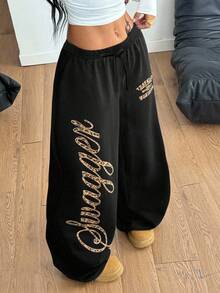 SHEIN Tween 女童宽松休闲简约舒适中腰字母印花阔腿运动裤 - 彩色 - 查看 2