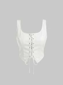 SHEIN MOD Débardeur  premium mat à ourlet asymétrique avec boutons à œillet et nœud devant pour femmes grandes tailles. Débardeur pouvant être porté à l'intérieur et à l'extérieur - Blanc - Voir 1