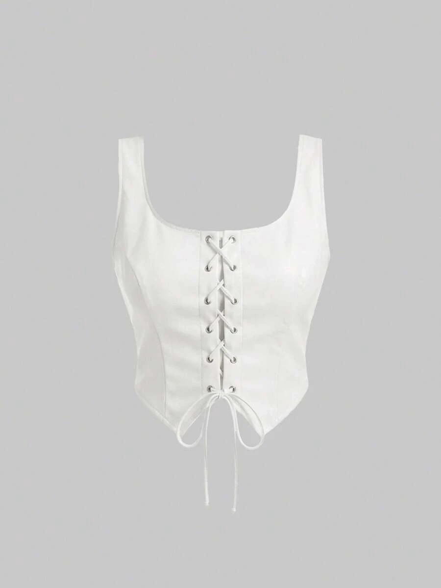 SHEIN MOD Débardeur premium mat à ourlet asymétrique avec boutons à œillet et nœud devant pour femmes grandes tailles. Débardeur pouvant être porté à l'intérieur et à l'extérieur - Blanc - Voir 1