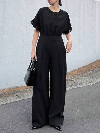 FRIFUL جمبسوت نسائية بجيب مطوي بأكمام قصيرة على شكل خفاش وقصة واسعة للساقين بلون أحادي وياقة مستديرة