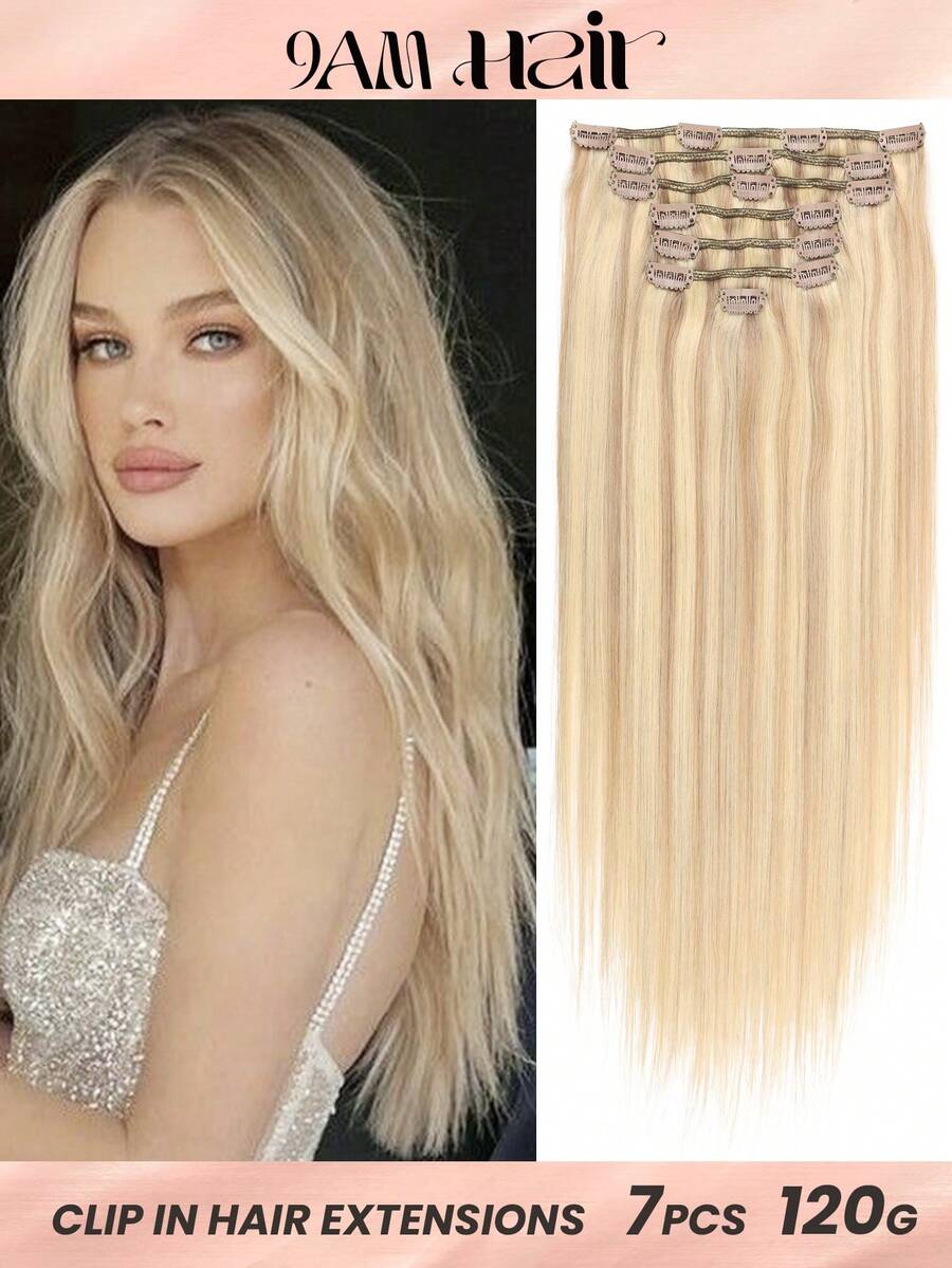Beige Blonde Mix Medium Blonde With Platinum Blonde Clip In Hair Extensions Real Human Hair 120g 7pcs Clip In Human Hair Extensions Straight Remy Hair Clip In Extensions - P18/22/60 - View 1