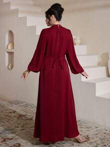 Al Najma Burgundy Elegant Beaded Lantern Sleeve Flared Hem Dress, Slimming, Spring/Summer - Burgundy - View 5