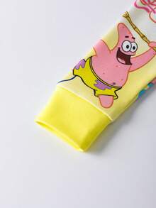 SpongeBob SquarePants | SHEIN 2 sztuki/zestaw chłopięcy, kreskówkowy, graficzny, z okrągłym dekoltem, długim rękawem, top i spodnie, dzianinowy, wygodny, swobodny, elastyczny komplet piżamowy - Żółty - Zobacz 4