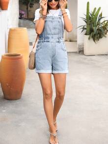 EMERY ROSE Women's Summer Casual Vacation & Commute Cuffed Hem Denim Romper - Medium Wash - View 5