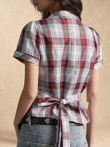 Easelle 复古休闲立领收腰格子女式衬衫 - 彩色 - 查看 5