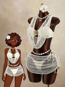 Zestiva Bộ bikini nữ gợi cảm và thanh lịch, chất liệu vải khoét rỗng phối kim loại, size 26SS, cổ khoét sâu, kiểu dáng dự tiệc bãi biển ngoài trời. - Màu be - Xem 3