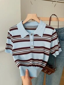 SHEIN EZwear 条纹多色图案半拉链休闲百搭短袖针织上衣 - 彩色 - 查看 7