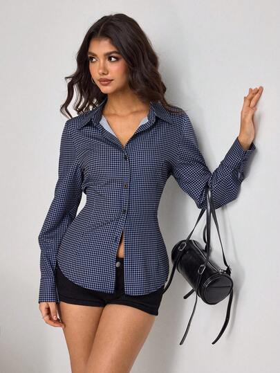 Aidyla Women's Plaid Button-Up Long Sleeve Shirt With Tie Back, Versatile For Commute And Streetwear Navy Blue Blouse Business Casual Top Plaid Print Top Office Blouse Womens Checked Shirt