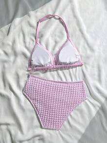 SHEIN 少女提花纹理挂脖比基尼套装，莲藕粉色 - 藕粉色 - 查看 2