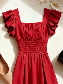 Franclia Đầm dài xòe xếp ly cổ vuông màu đỏ tươi, dây mảnh, eo hai mảnh, thích hợp cho hẹn hò, dự tiệc, tôn dáng và thanh lịch, chất vải cứng cáp, thiết kế dây mảnh, đầm xếp ly cổ vuông màu đỏ. - Đỏ - Xem 3