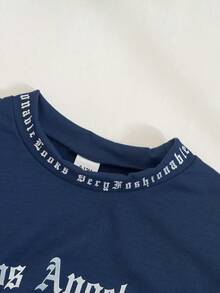 SHEIN 男童休闲运动简约舒适日常字母印花图案T恤 - 藏蓝色 - 查看 4