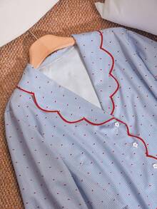 CosyJoli Plus Size Contrast Trim Button Front Long Sleeve Top And Pants Casual 2 Pieces Set Pajama Set Sleepwear Two Piece Womens Pajamas Long Sleeve Pajamas Spring Outfit Women Spring Outfit Sets For Women Pajama Sets For Women - Blue - View 4