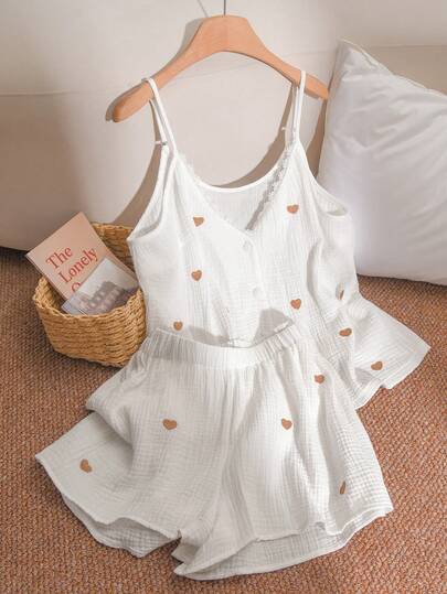 CosyJoli Plus Size Summer Casual Heart Embroidery Camisole & Shorts 2 Pieces Set Valentine