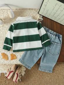 SHEIN Playful Pals 2pcs Baby Boy Casual Sports Collegiate Striped Polo Shirt And Blue Denim Jeans Set, With Badge And Numeral Print, Suitable For Layering With Jacket, Sports, School, Holiday, Travel, Winter Boys Outfit Sets 2 Years Old 24 Months Boy Set Baby Boy Clothes Long Sleeve Baby Boy Casual Set - Green - View 2