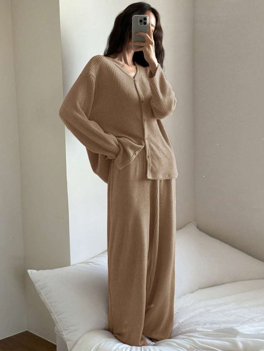 DAZY 2pcs Women Casual Striped Textured Fleece Cardigan And Pants Pajama Set, Suitable For Spring - Camel - View 1