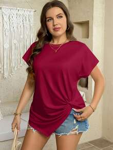 SHEIN LUNE Plus Size Women's Solid Color Round Neck Short Sleeve Asymmetric Hem Casual T-Shirt Plus Size Solid Color T Shirt Wine Red Top Dark Red Tops Long T Shirt For Women Plus Size Oversized T Shirt, Going Out Tops - Burgundy - View 5
