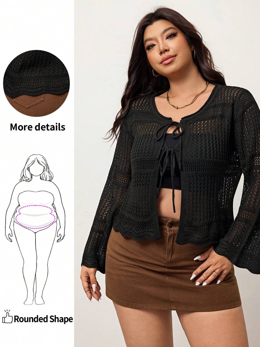 Enliva Cardigan Wanita Lengan Panjang Pendek Longgar dengan Ikat Depan Rajutan Ukuran Plus untuk Liburan, Cocok untuk Musim Dingin dan Gugur, Sedikit Transparan, untuk Bentuk Tubuh Apel & Bulat - Hitam - View 1