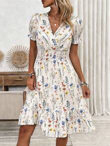 Breezaya 女士优雅度假休闲V领泡泡袖碎花收腰A字连衣裙 - 彩色 - 查看 6